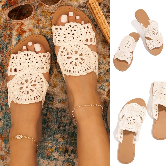 NEW Off White Crochet Lace Raffia Straw Slip On Slides Slippers Sandals Shoes - Picture 7 of 12